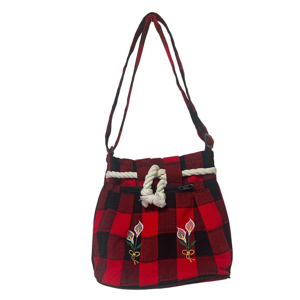 Buffalo Plaid Embroidered Calla Lily Flowers Red and Black Flannel Crossbody Bag